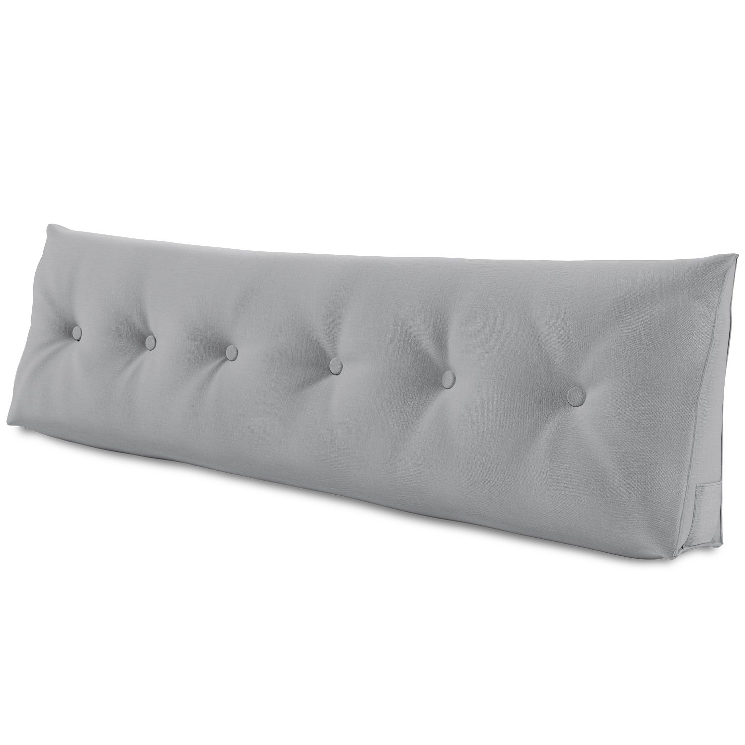 Graues, rechteckiges Stützkissen mit Knöpfen. Stoffbezug, dreieckige Form. Seitlich eine Tasche.