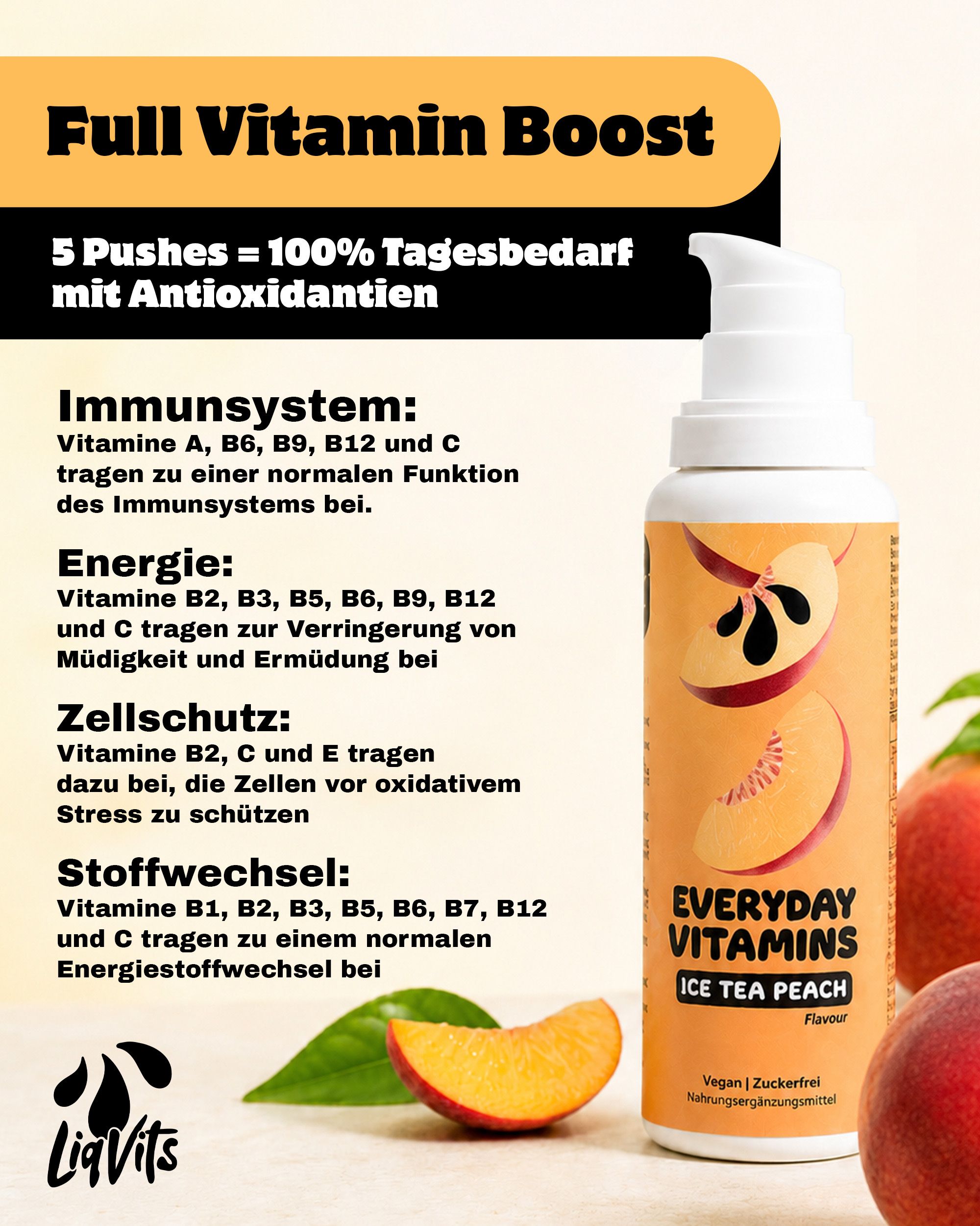 LiqVits Everyday Vitamins x Ice Tea Peach (All-In-One mit 13 Vitaminen: Vitamin C und B-Komplex)