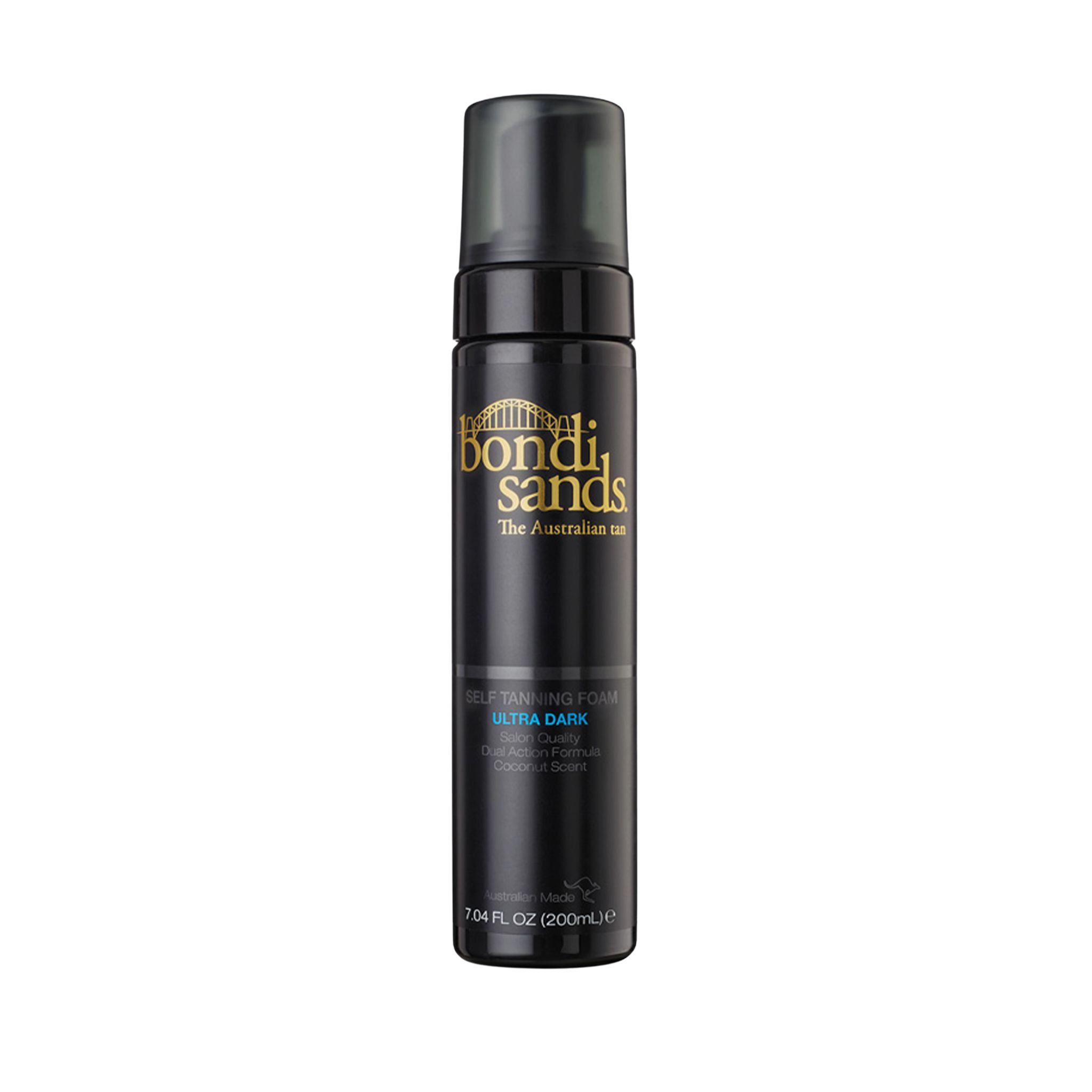 Flacon noir avec logo Bondi Sands et texte 'Ultra Dark'. Contient 200 ml de mousse autobronzante.