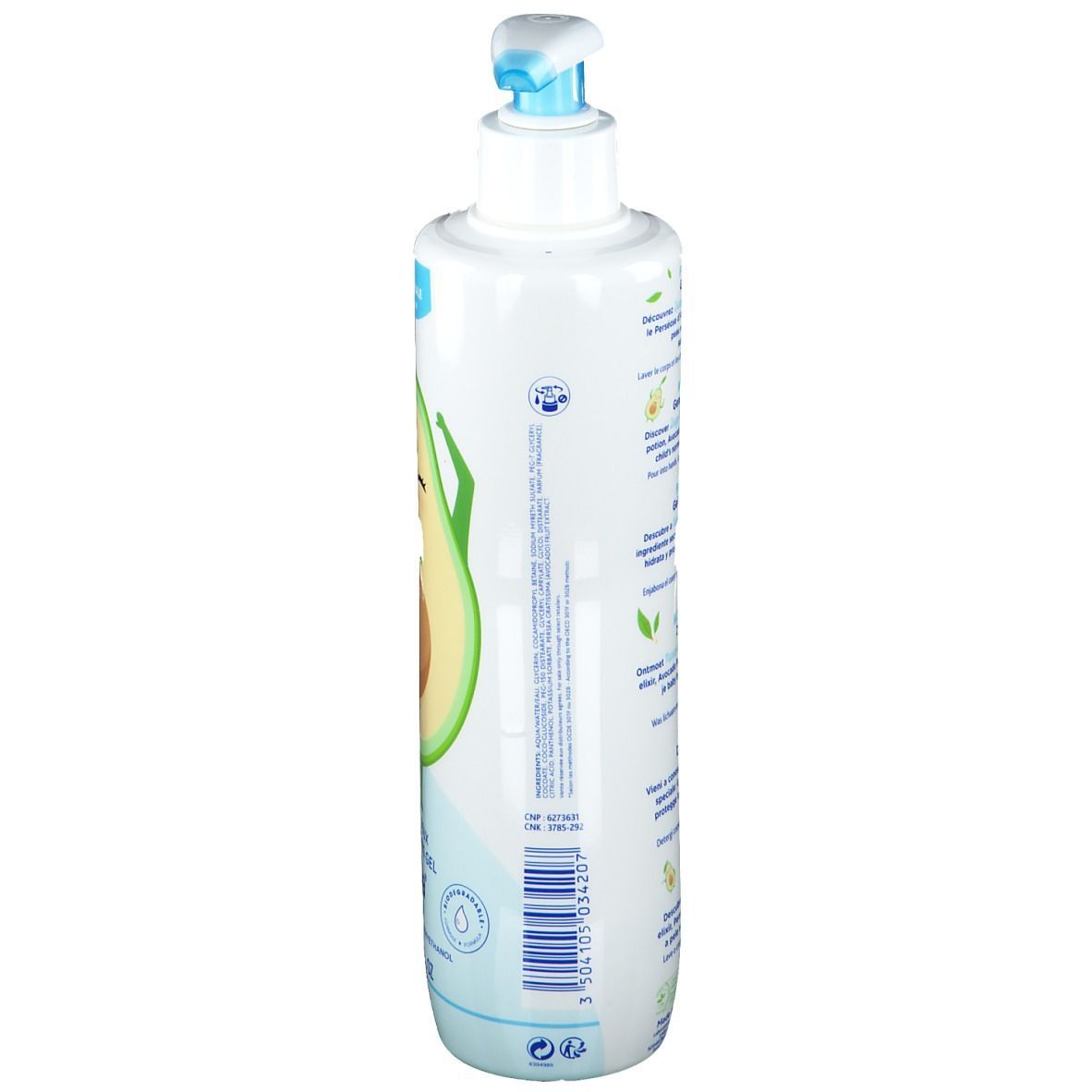 Flacone bianco con erogatore blu. Illustrazione di avocado. Testo: Mustela, Gel lavante delicato. Scritta: 500 ml.