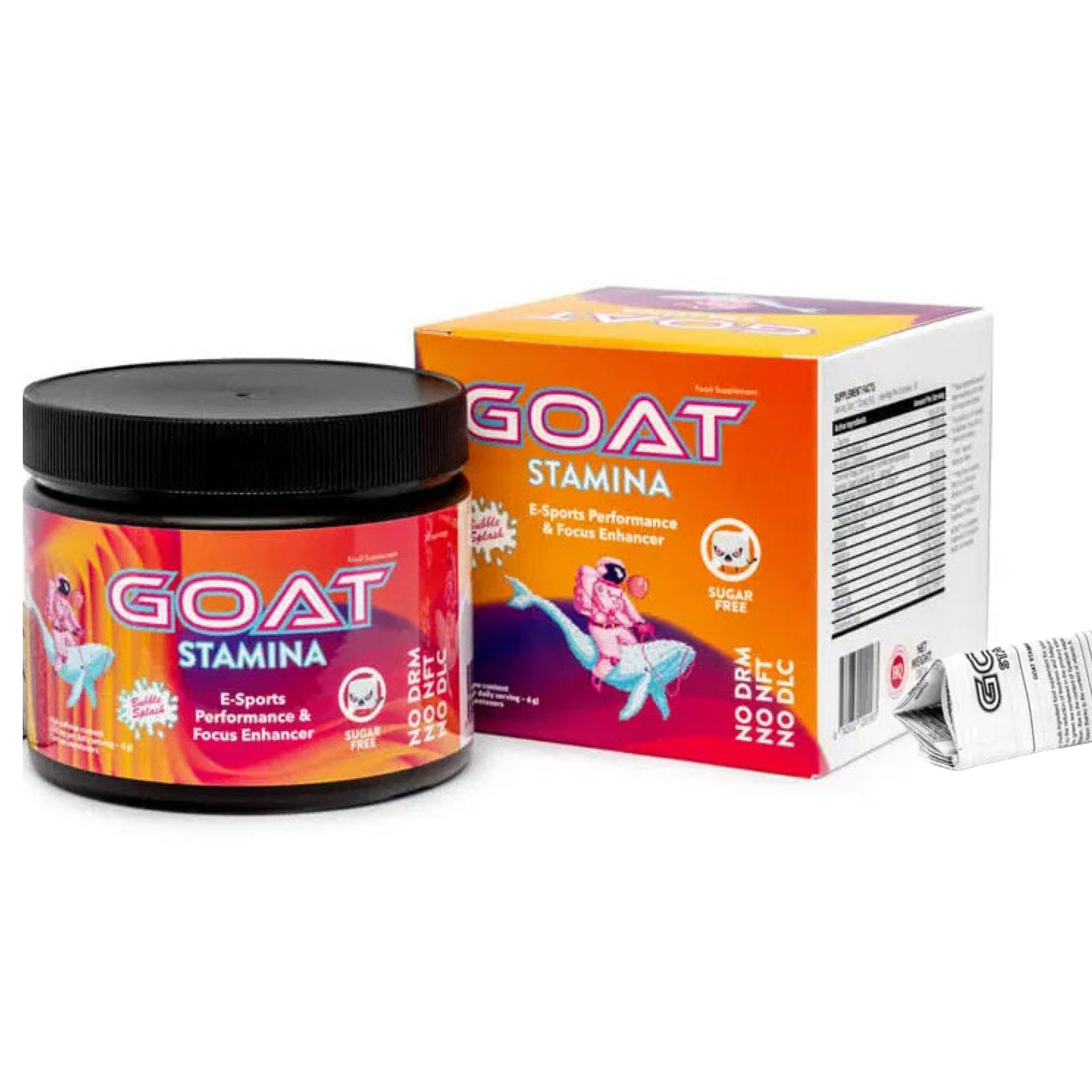 GOAT Stamina-Dose und -Verpackung. Dose mit schwarzem Deckel, orangefarbenem Etikett. Verpackung mit Produktnamen und Illustration.