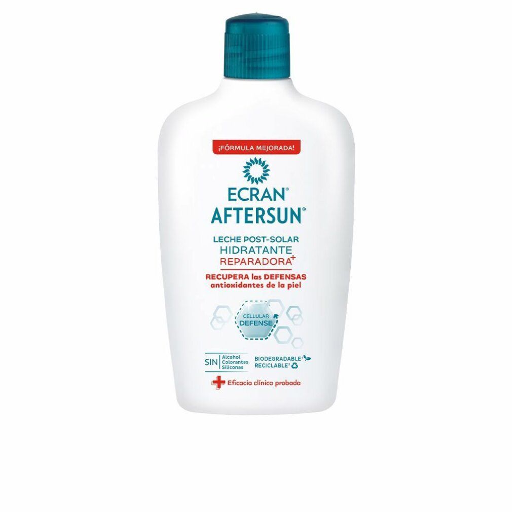 Weiße Flasche mit blauem Deckel. Aufschrift: ECRAN AFTERSUN, Feuchtigkeitsspendende After Sun Milch. Enthält Antioxidantien. Biologisch abbaubar.