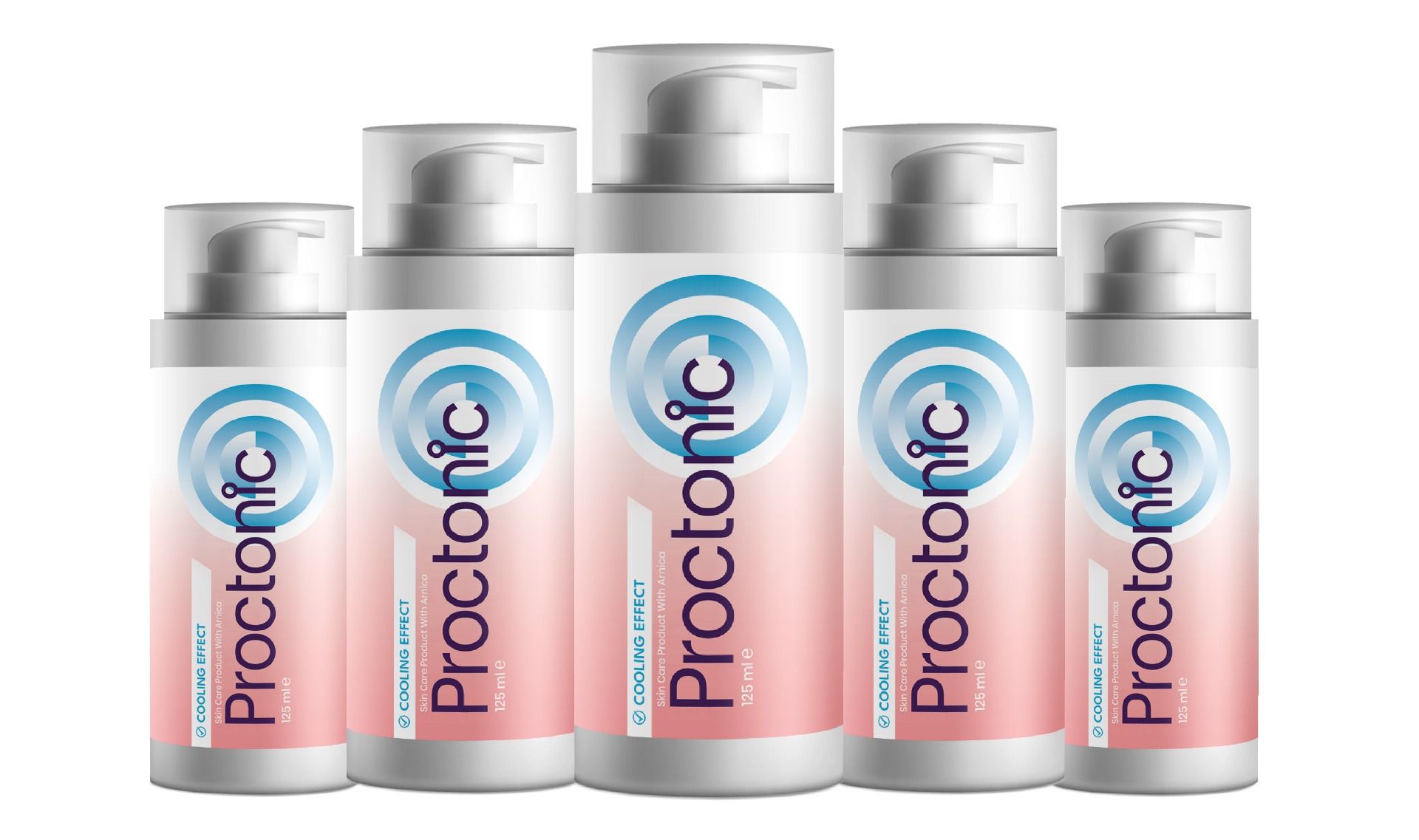 Fünf Flaschen mit Sprühkopf. Aufschrift Proctonic und Logo. Rosa-weiße Farbgebung. Unterschiedliche Größen.