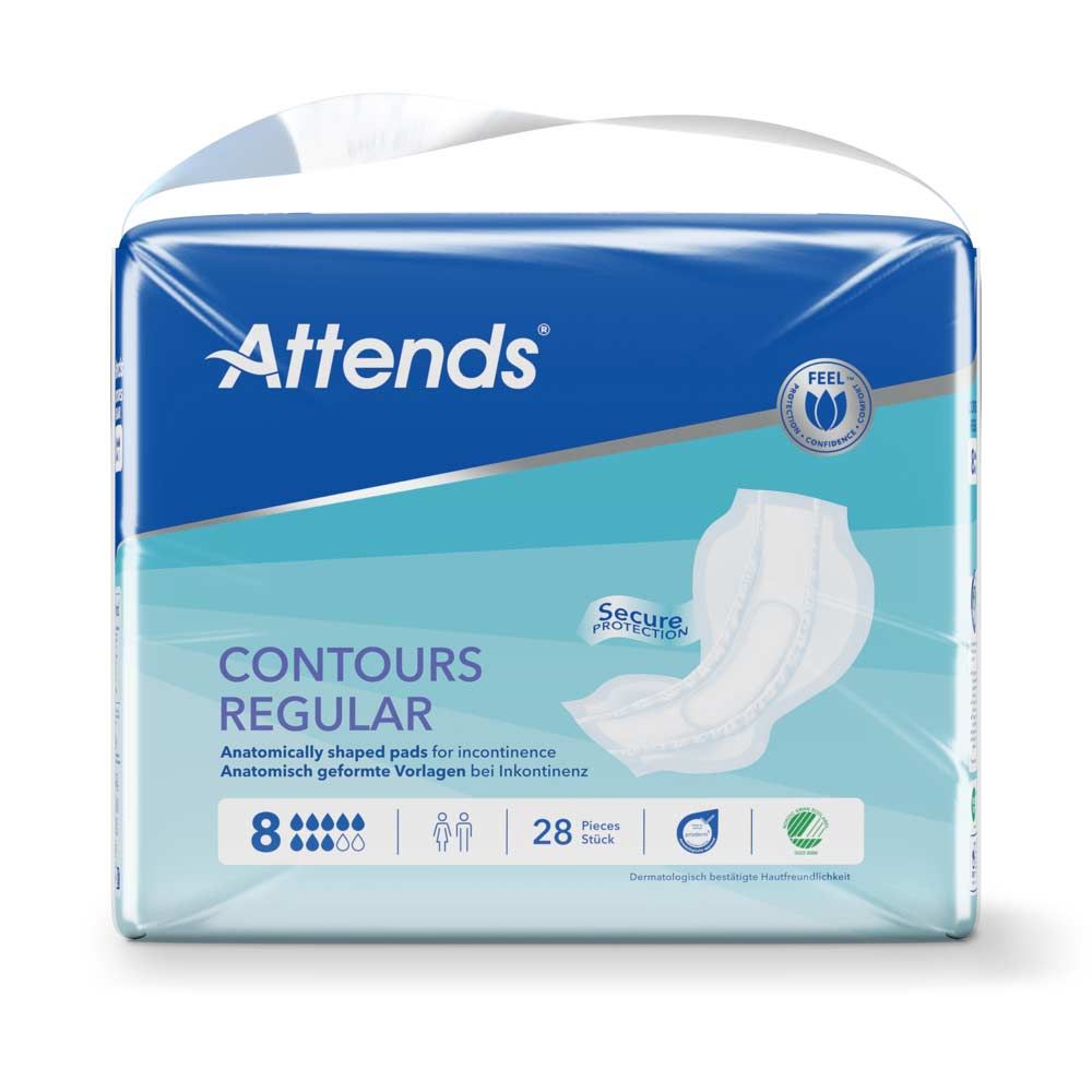Attends Contours Regular 8. Anatomisch geformte Vorlagen. Verpackung mit 28 Stück. Marke und Produktbezeichnung deutlich sichtbar.