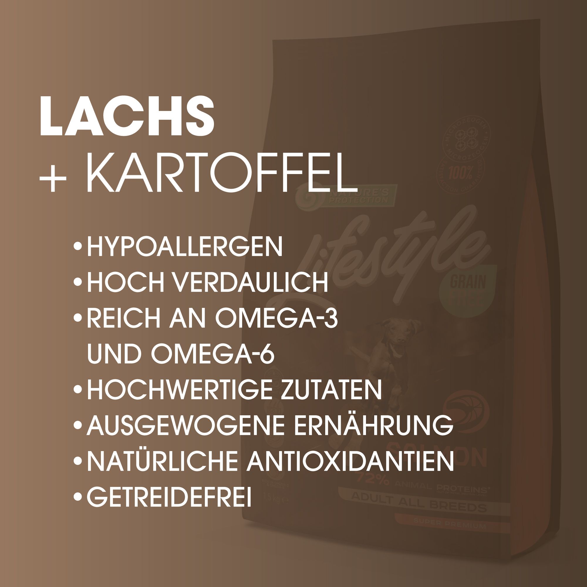 Braune Tasche mit Text: Lachs + Kartoffel. Auflistung: hypoallergen, hoch verdaulich, reich an Omega-3/6, hochwertige Zutaten.