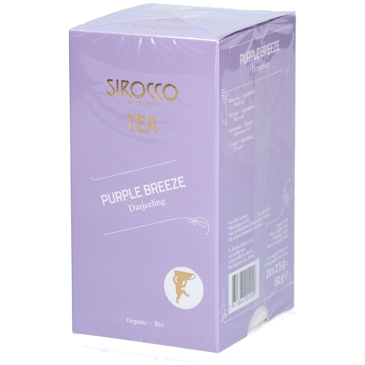 Lila Teebox mit "Sirocco Tea Purple Breeze Darjeeling". Verpackung mit Siegel.