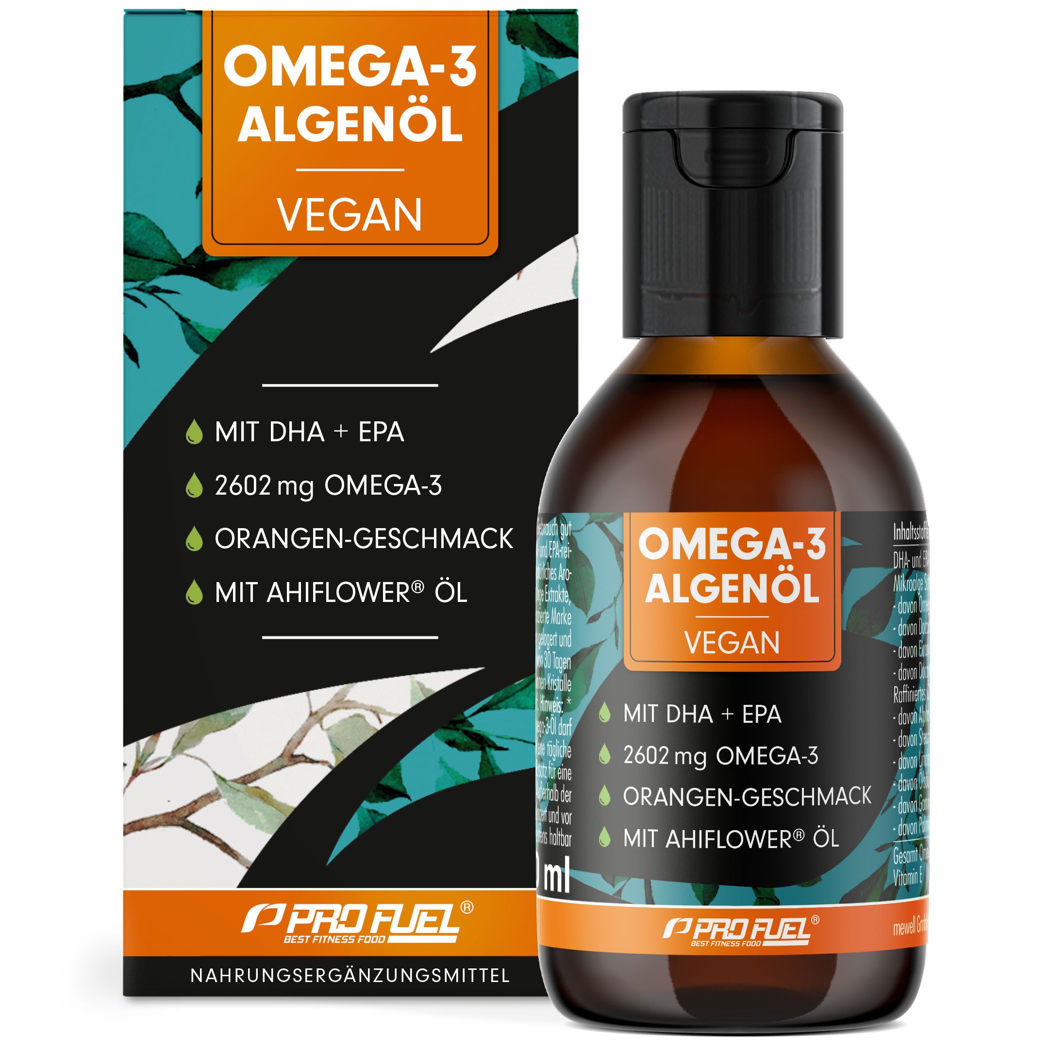Produktflasche und Schachtel. Text: Omega-3 Algenöl, vegan, mit DHA + EPA, Orangen-Geschmack, mit AhiFlower Öl, 100 ml.