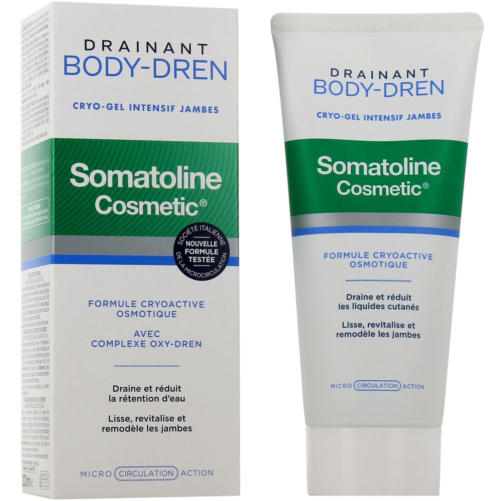 Produkt und Verpackung. Tube und Schachtel. Text: Drainant, Body-Dren, Cryo-Gel Intensif Jambes, Somatoline Cosmetic.