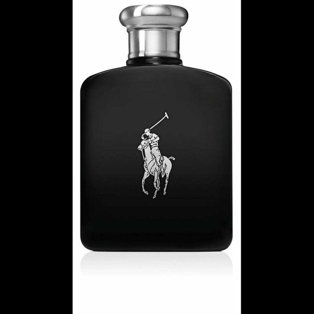 Schwarze Flasche mit silbernem Verschluss und Logo. Rechteckige Form.