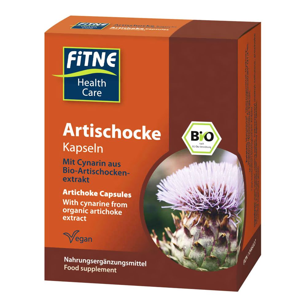 Verpackung von Fitne Bio Artischocke Kapseln. Orange-braune Schachtel mit Produktnamen und Bio-Siegel. Enthält Artischockenextrakt.