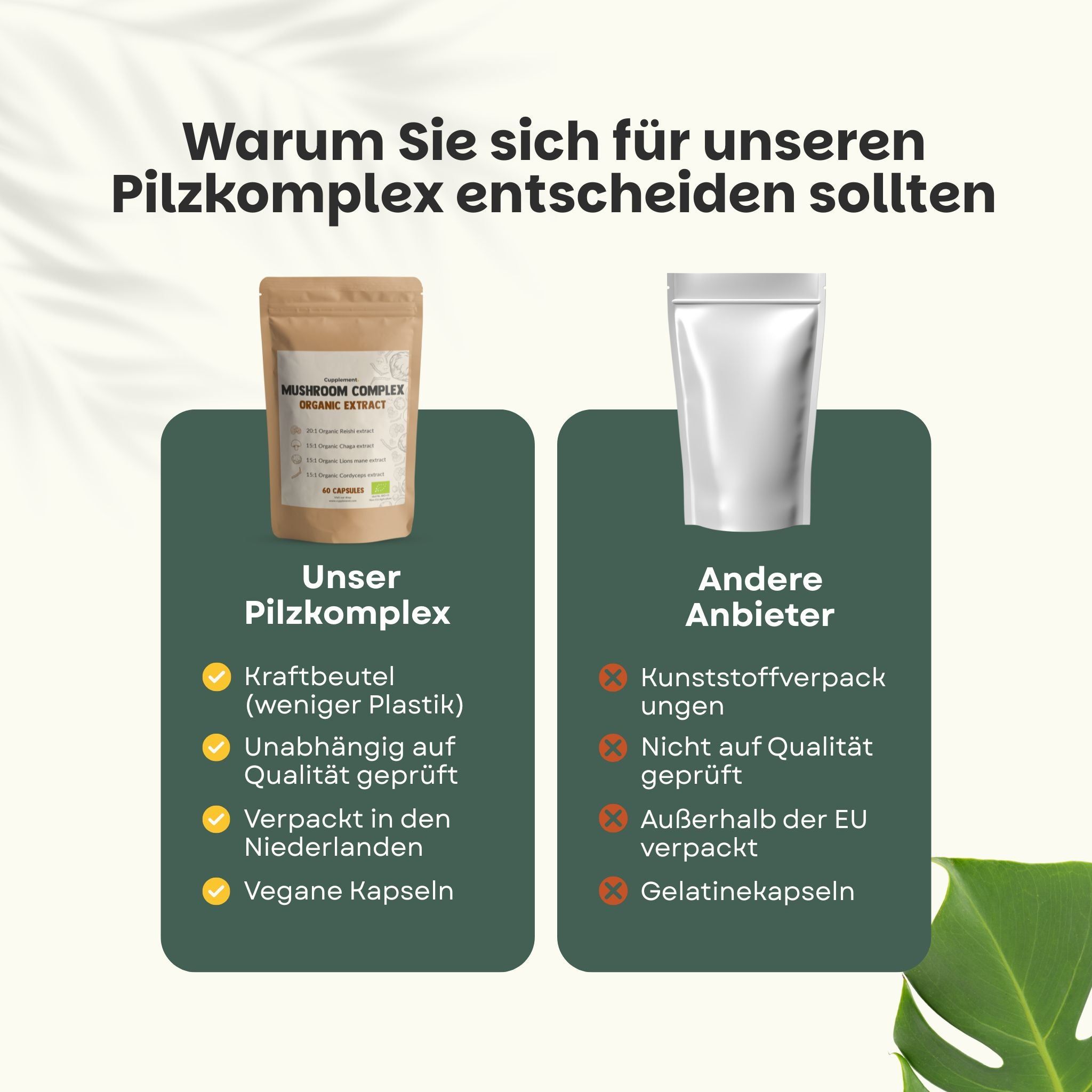 Vergleich: Unser Pilzkomplex vs. andere Anbieter. Kraftbeutel, vegane Kapseln. Andere: Kunststoffverpackung, Gelatinekapseln.