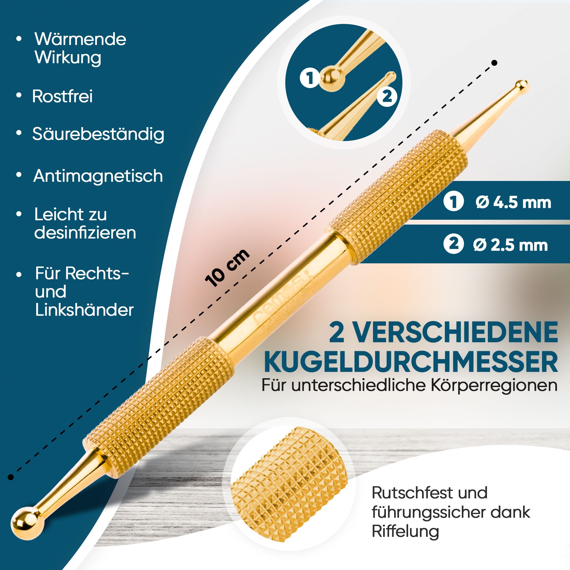 REMOS Akupressurstift, 10cm, vergoldet,  Ø2.5/4.5 mm