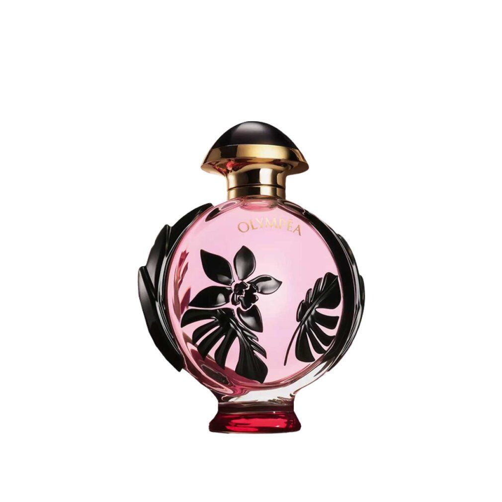 Runder Flakon mit rosa Flüssigkeit, schwarzem Dekor und goldfarbenem Verschluss. Roter Fuß.