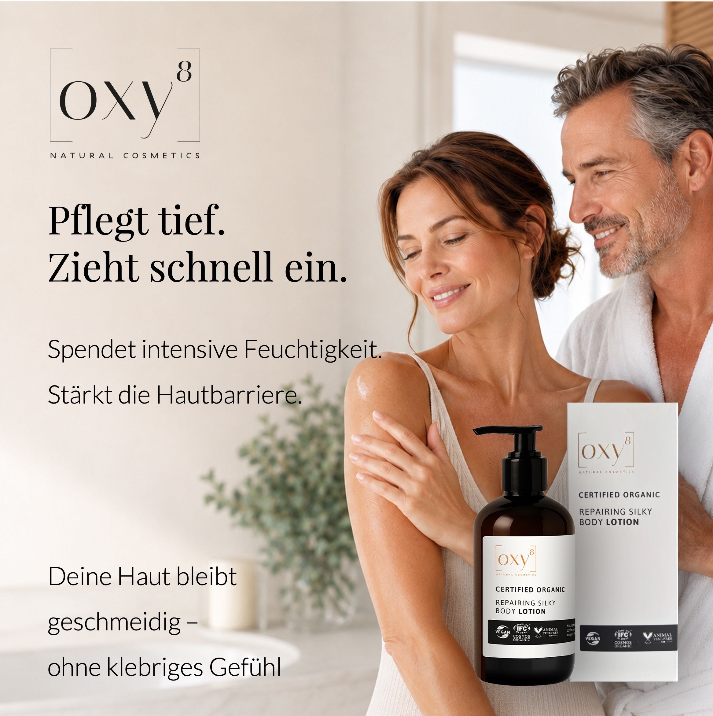 Produktbox und Flasche mit Pumpspender. Text: Repairing Silky Body Lotion, Certified Organic.