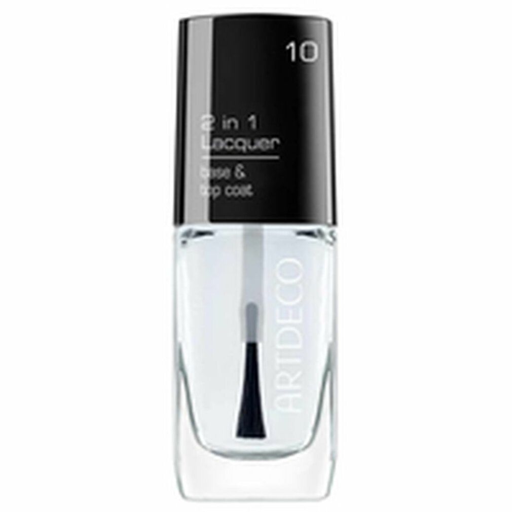 Klare Nagellackflasche mit schwarzem Deckel. Aufschrift: 2 in 1 Lacquer, base & top coat. Marke: Artdeco. Nummer 10.