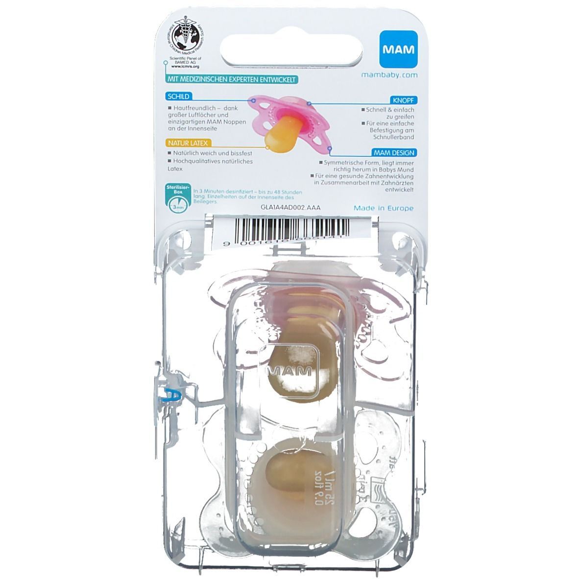 Schnuller in Blisterverpackung. Rückseite mit Produktinformationen und MAM-Logo. Zertifizierungen sichtbar.