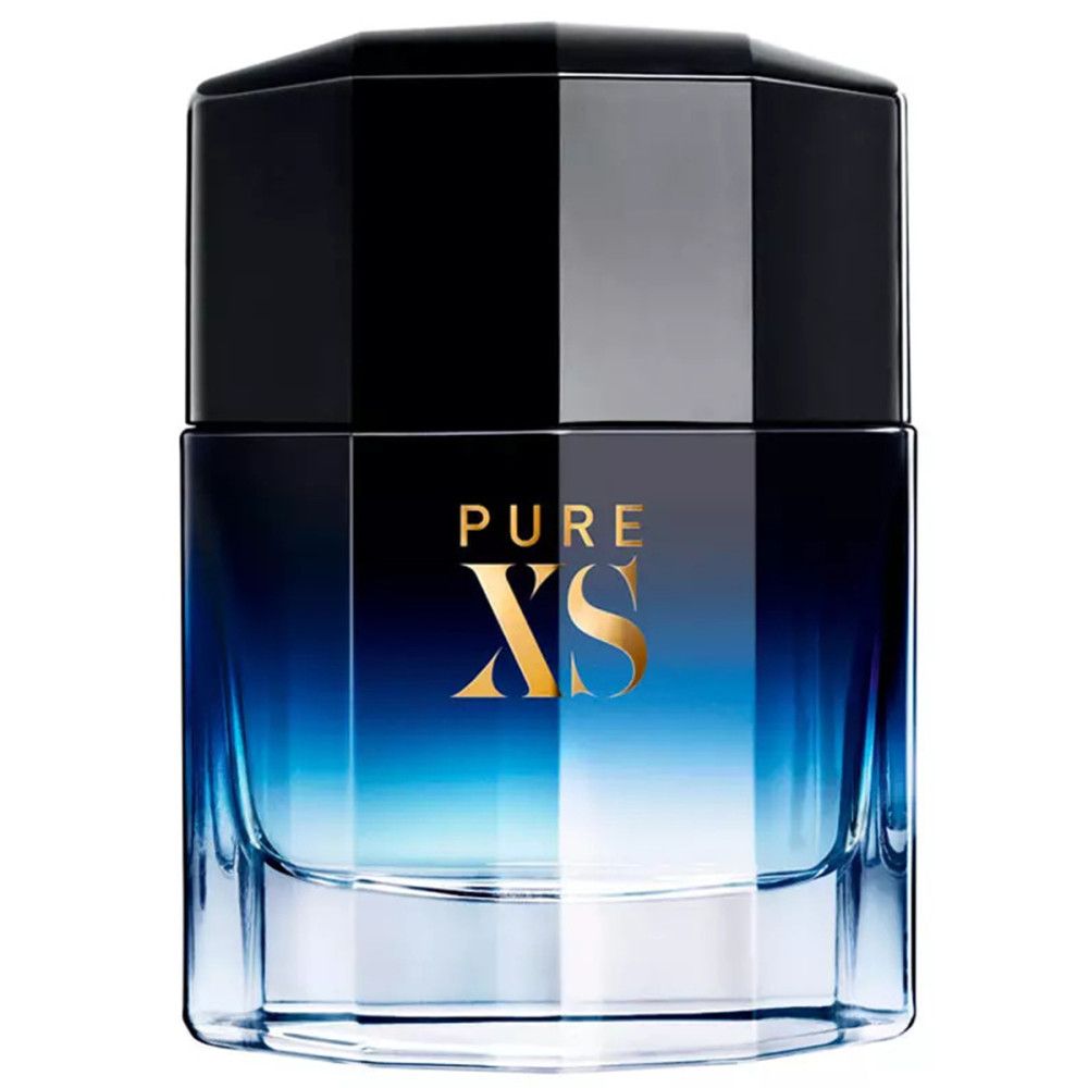 Paco Rabanne Pure XS E.d.T. Flakon. Blau-schwarzer Flakon mit goldenem Schriftzug. Schwarzer Deckel.