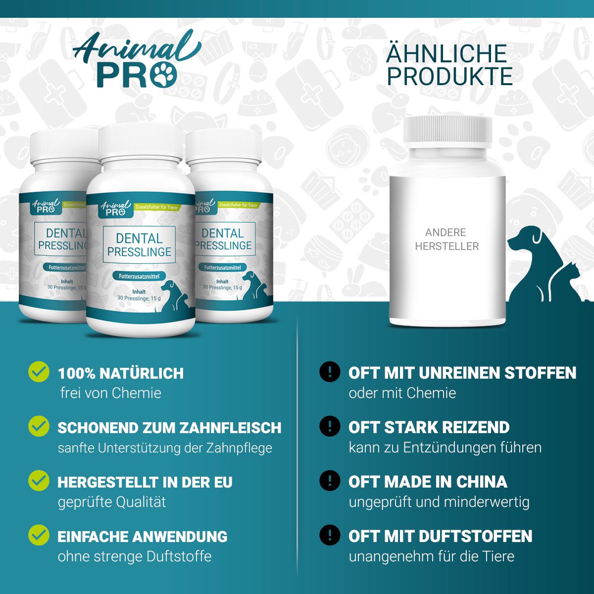 Drei Flaschen "Animal Pro Dental Presslinge" und eine andere Flasche. Text: 100% natürlich, schonend zum Zahnfleisch, hergestellt in EU.