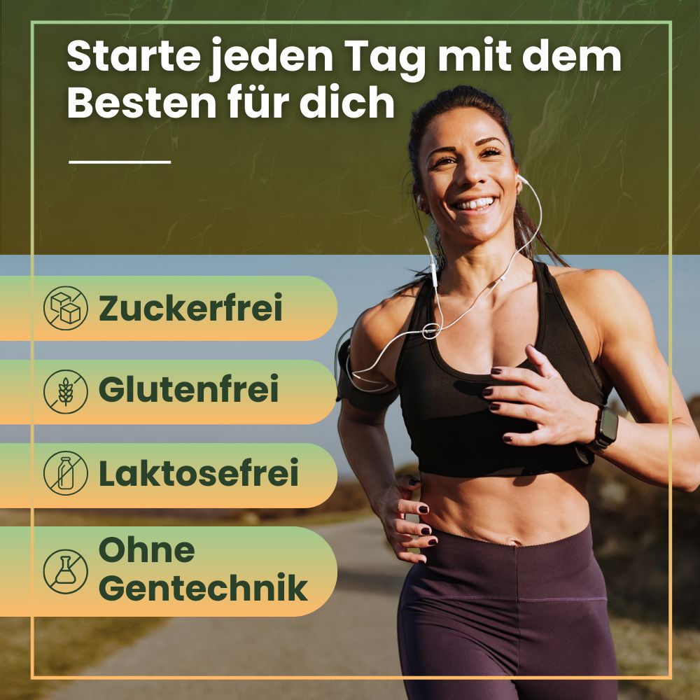 Frau läuft. Text: Starte jeden Tag mit dem Besten für dich. Zuckerfrei, Glutenfrei, Laktosefrei, Ohne Gentechnik.