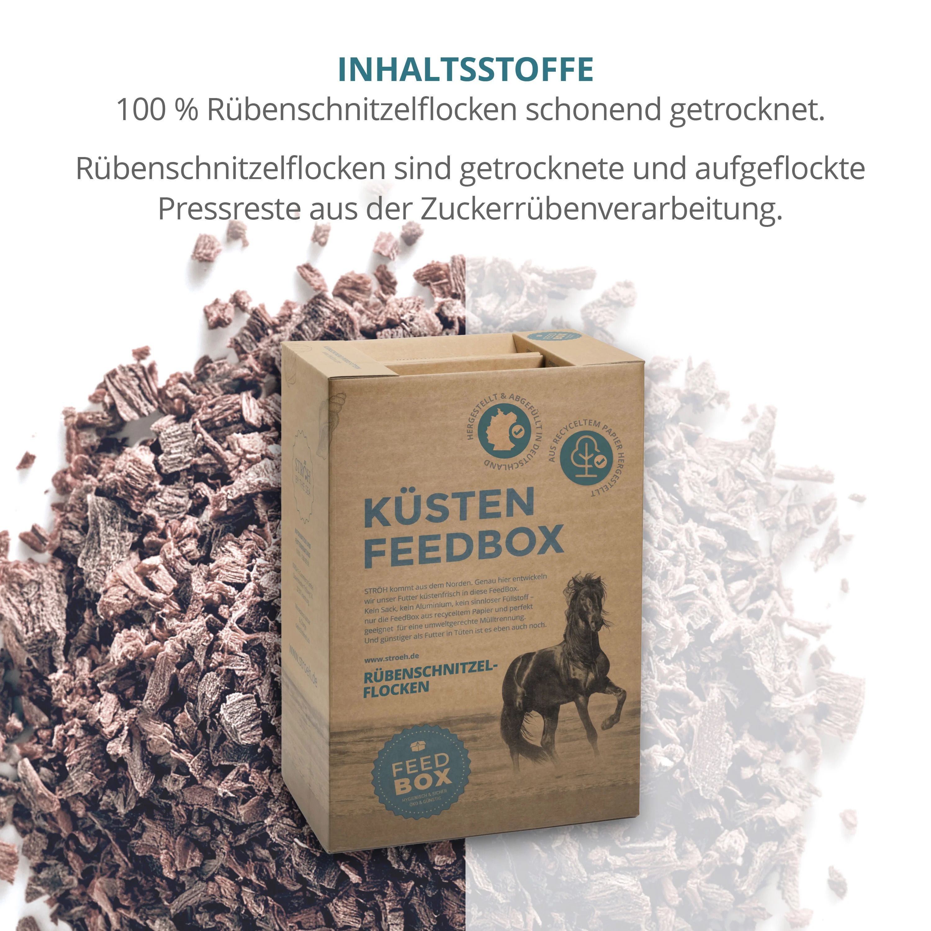 Karton "KÜSTEN FEEDBOX" mit Text und Pferde-Illustration. Daneben Rübenschnitzelflocken. Text: 100% Rübenschnitzelflocken schonend getrocknet.