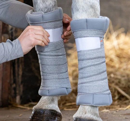 Zwei graue Bandagen an Pferdebeinen. Eine Person befestigt eine Bandage mit einem Klettverschluss.