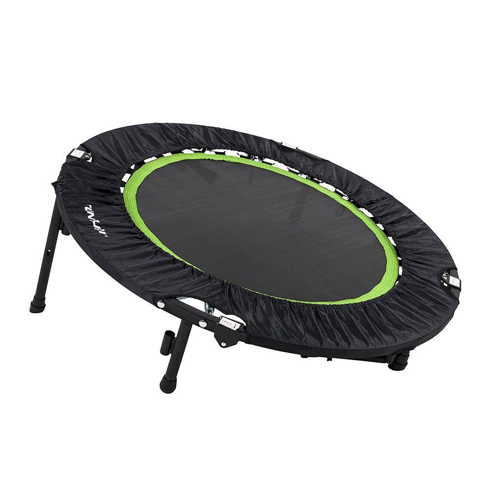 Fitness Trampolin, faltbar, mit Haltebügel, schwarzer Bezug, grüne Kante.