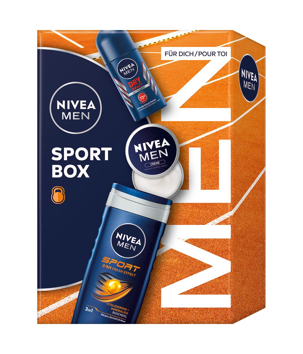 NIVEA MEN Sport Box Geschenkset, Creme Sport Pflegedusche Impact Deo Roll-on
