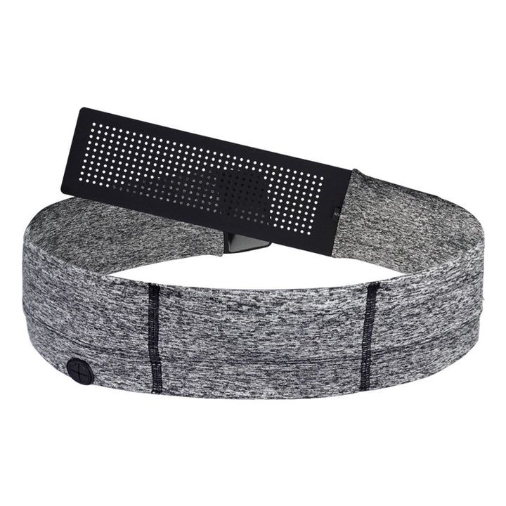 Grau meliertes Bauchband mit integrierter Tasche für eine Insulinpumpe. Schwarzes, perforiertes Element.