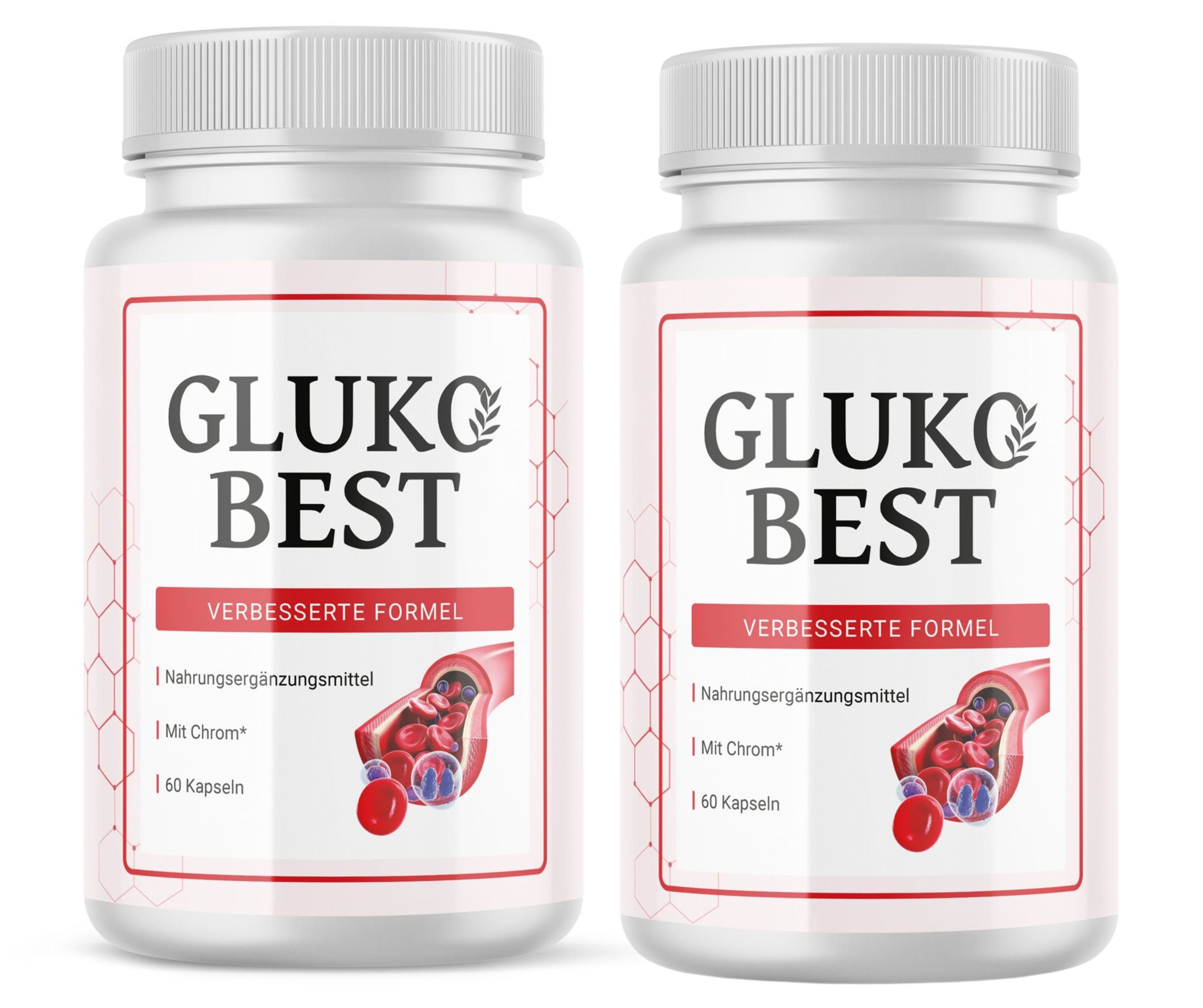 Zwei weiße Pillendosen mit Schraubverschluss. Auf dem Etikett steht "GLUKO BEST", "Verbesserte Formel", "Nahrungsergänzungsmittel".