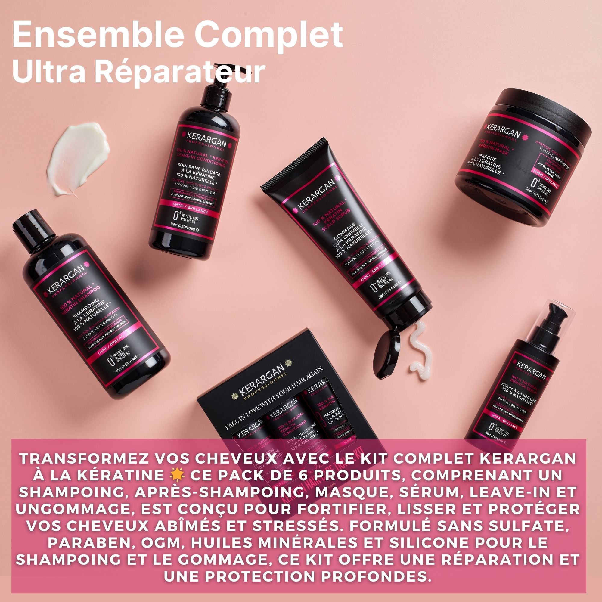 Kit complet Kerargan avec 6 produits. Flacons et pots noirs avec étiquettes roses. Contient shampooing, après-shampooing, masque, sérum.