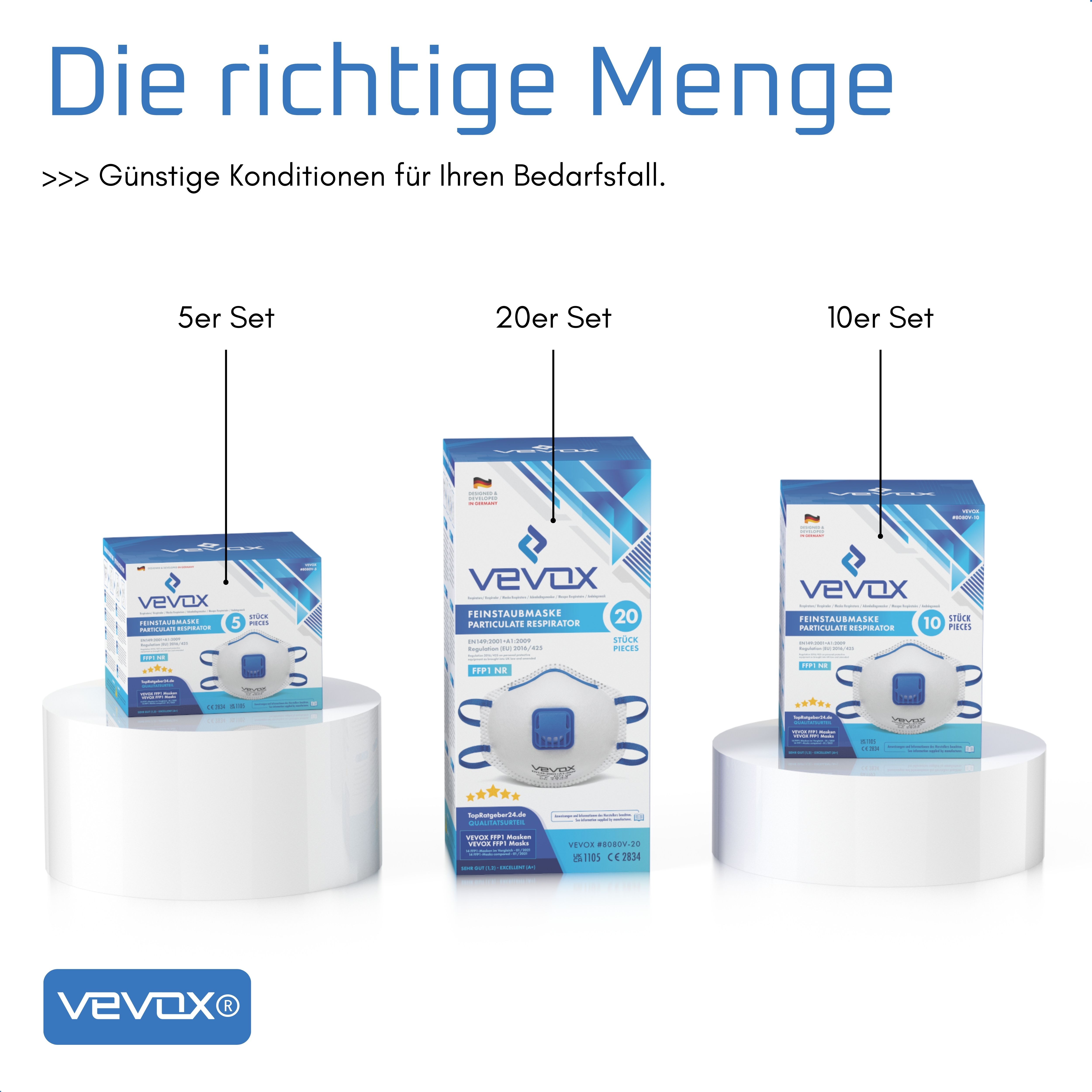 Drei Kartons mit FFP1-Masken in verschiedenen Mengen: 5er, 10er und 20er Sets. VEVOX-Logo.