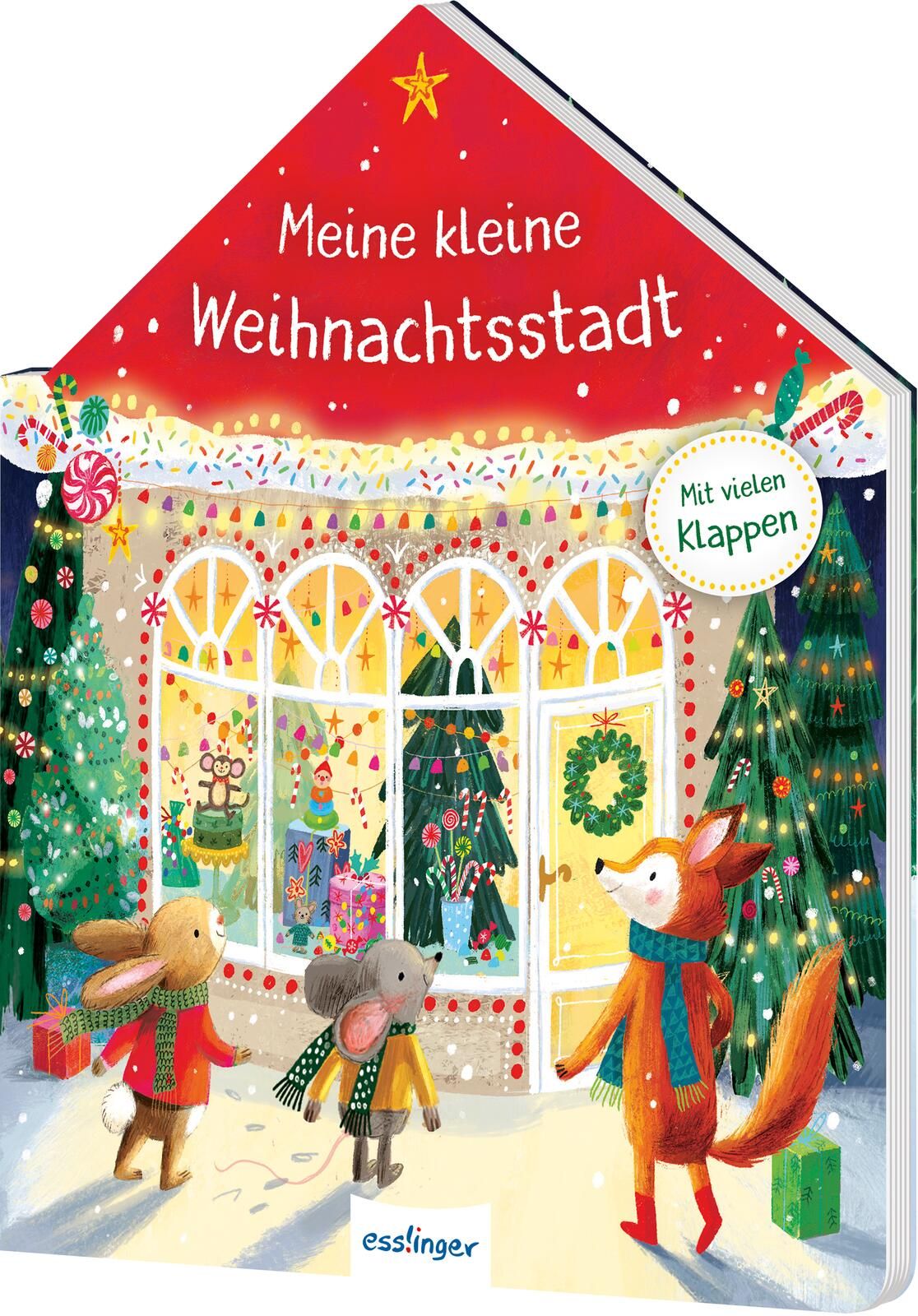 Buchcover mit Titel "Meine kleine Weihnachtsstadt". Illustration von Tieren vor einem dekorierten Haus. Esslinger-Logo.