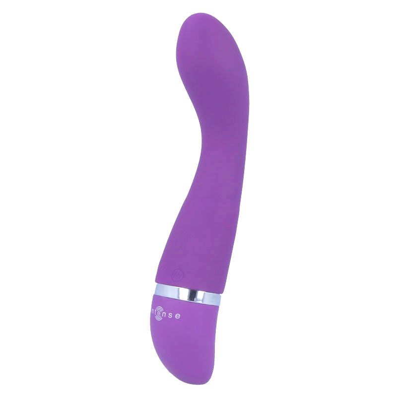 Lila Vibrator mit geschwungener Form. Silberfarbener Ring am unteren Ende. Marke "Intense" sichtbar.