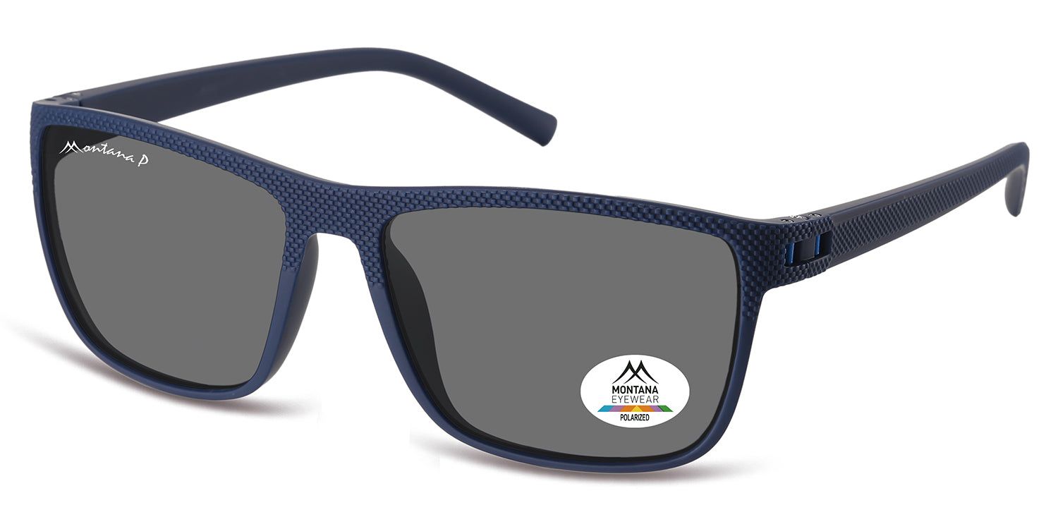 Blaue Sonnenbrille mit grauen Gläsern. "Montana P" auf dem linken Bügel. Auf dem rechten Glas ein Aufkleber mit Logo und "Polarized".