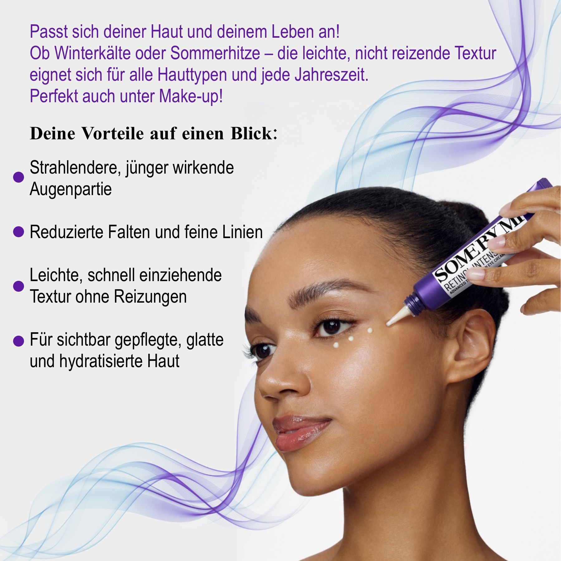 Frau trägt Creme auf. Text: Vorteile: strahlende Augenpartie, reduzierte Falten.