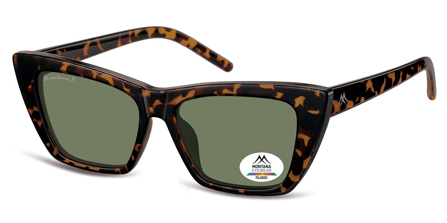 Sonnenbrille mit braunem Rahmen und grünen Gläsern. Das Montana Eyewear Logo ist auf dem Bügel sichtbar.