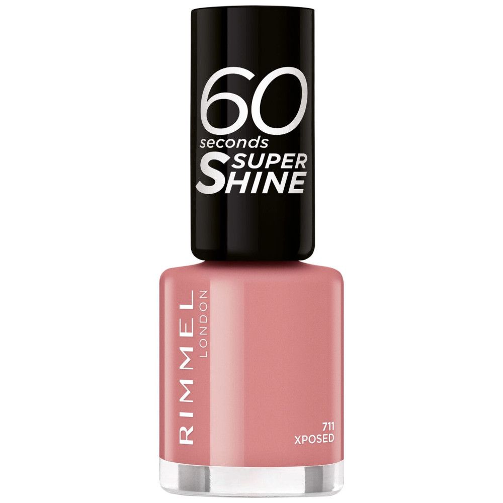 Nagellackflasche mit rosa Inhalt. Schwarzer Deckel mit weißem Schriftzug: 60 seconds Super Shine. Rimmel London, Farbton 711 Xposed.