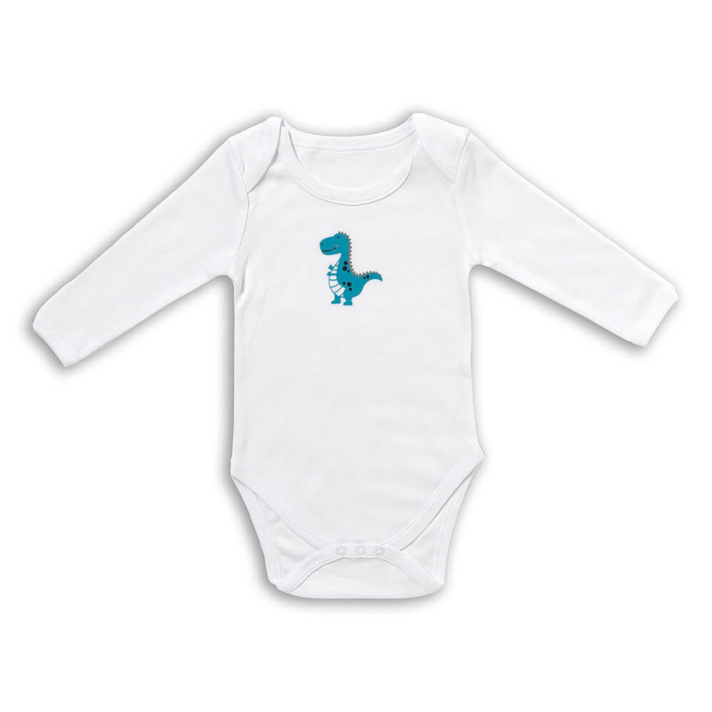 Weißer Baby-Body mit langen Ärmeln und blauem Dinosaurier-Motiv auf der Brust.