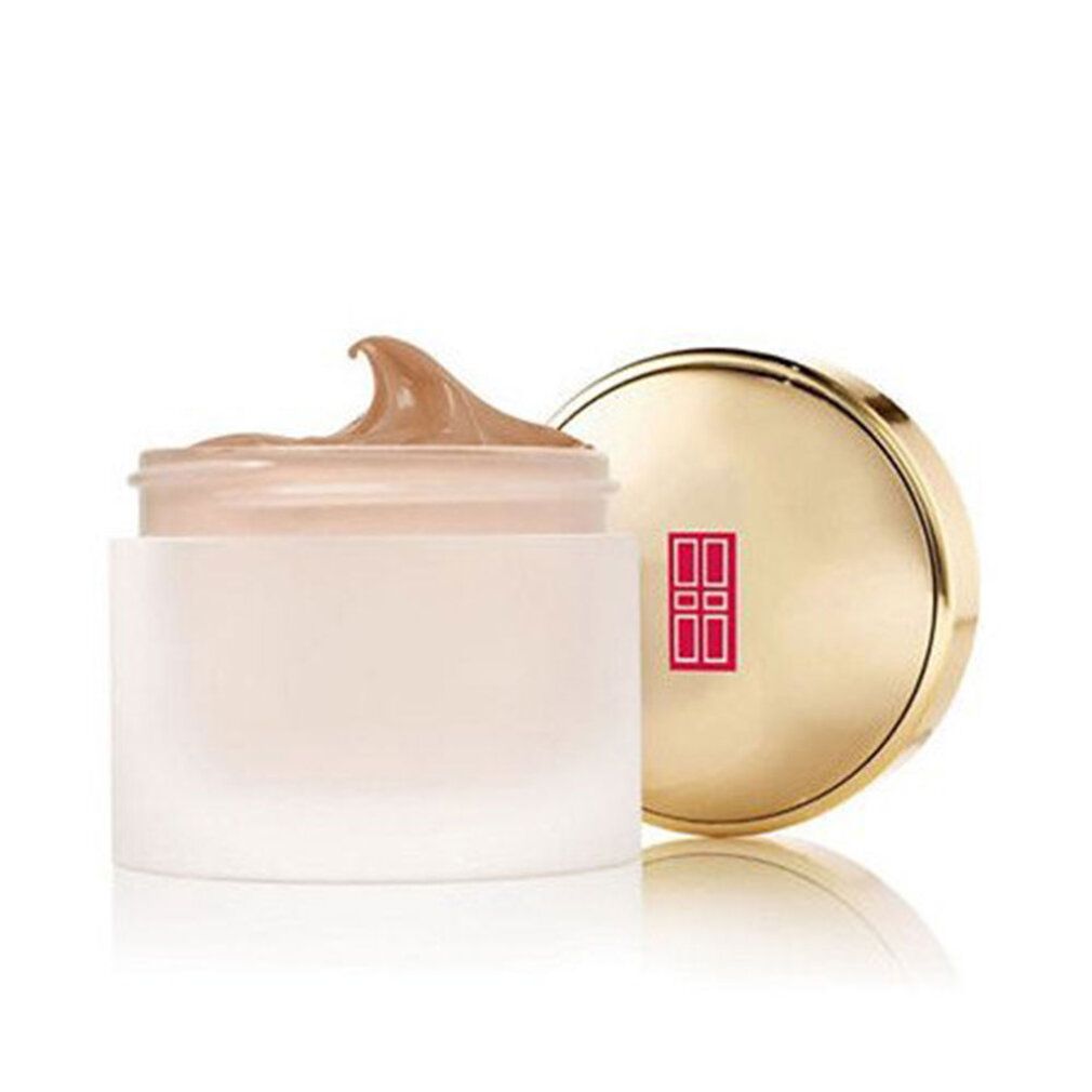 Beige Make-up-Tiegel mit goldenem Deckel. Deckel mit rotem Logo. Offener Tiegel mit Make-up-Textur.