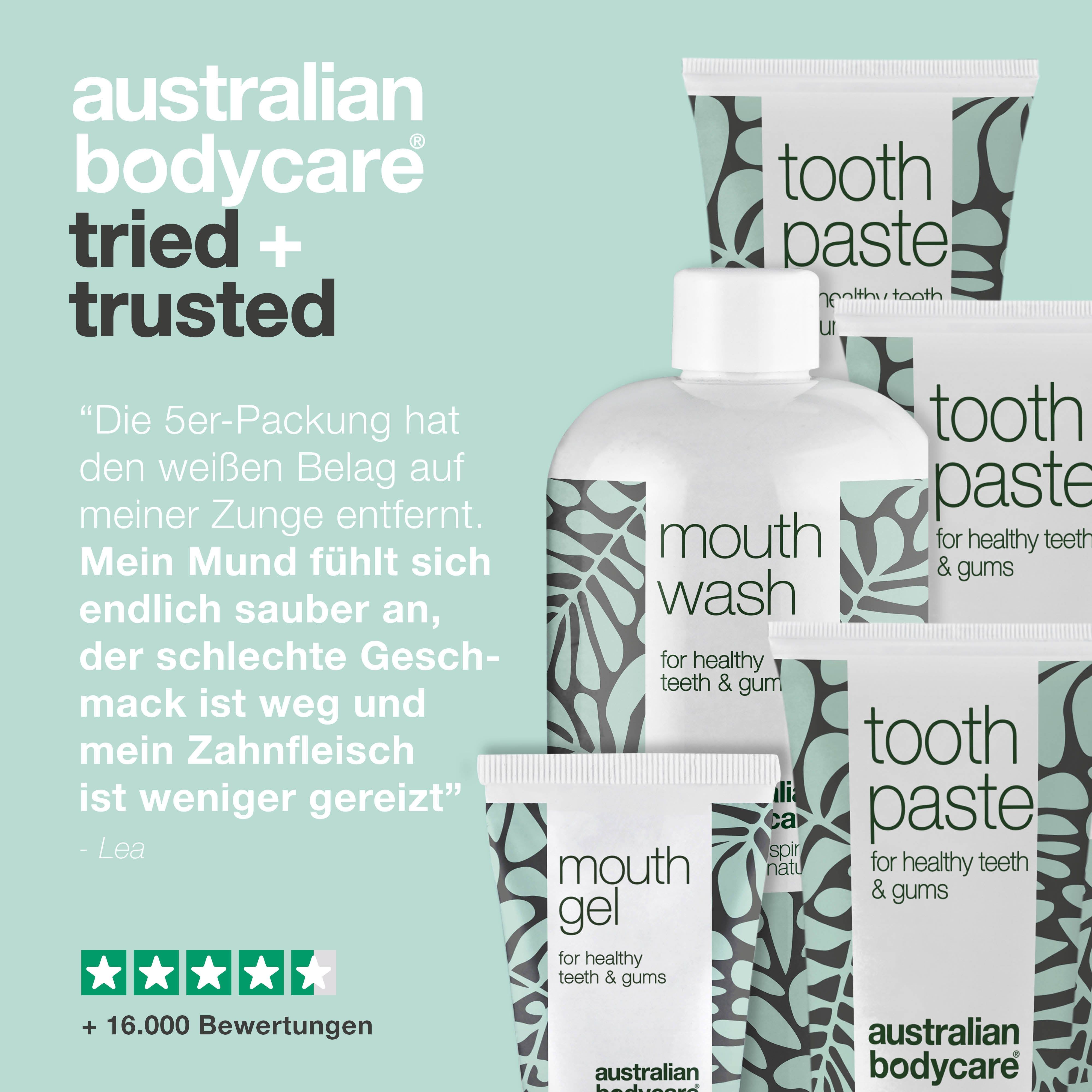 Zahnpasta, Mundwasser und Mundgel. Kundenbewertung. "Australian Bodycare"-Produkte.
