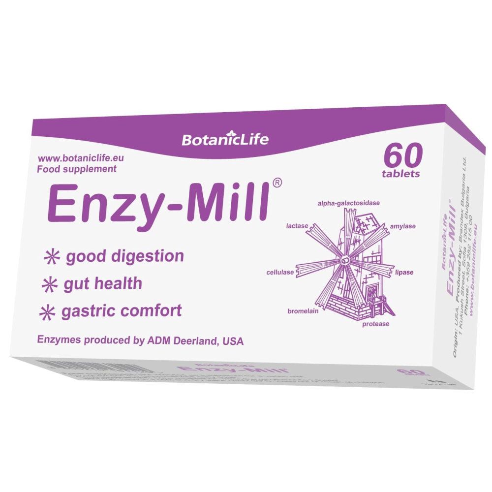 BotanicLife Enzy-Mill Packung. 60 Tabletten. Lila und weiß. Text: gute Verdauung, Darmgesundheit, Magenkomfort. Enzym-Mühle.