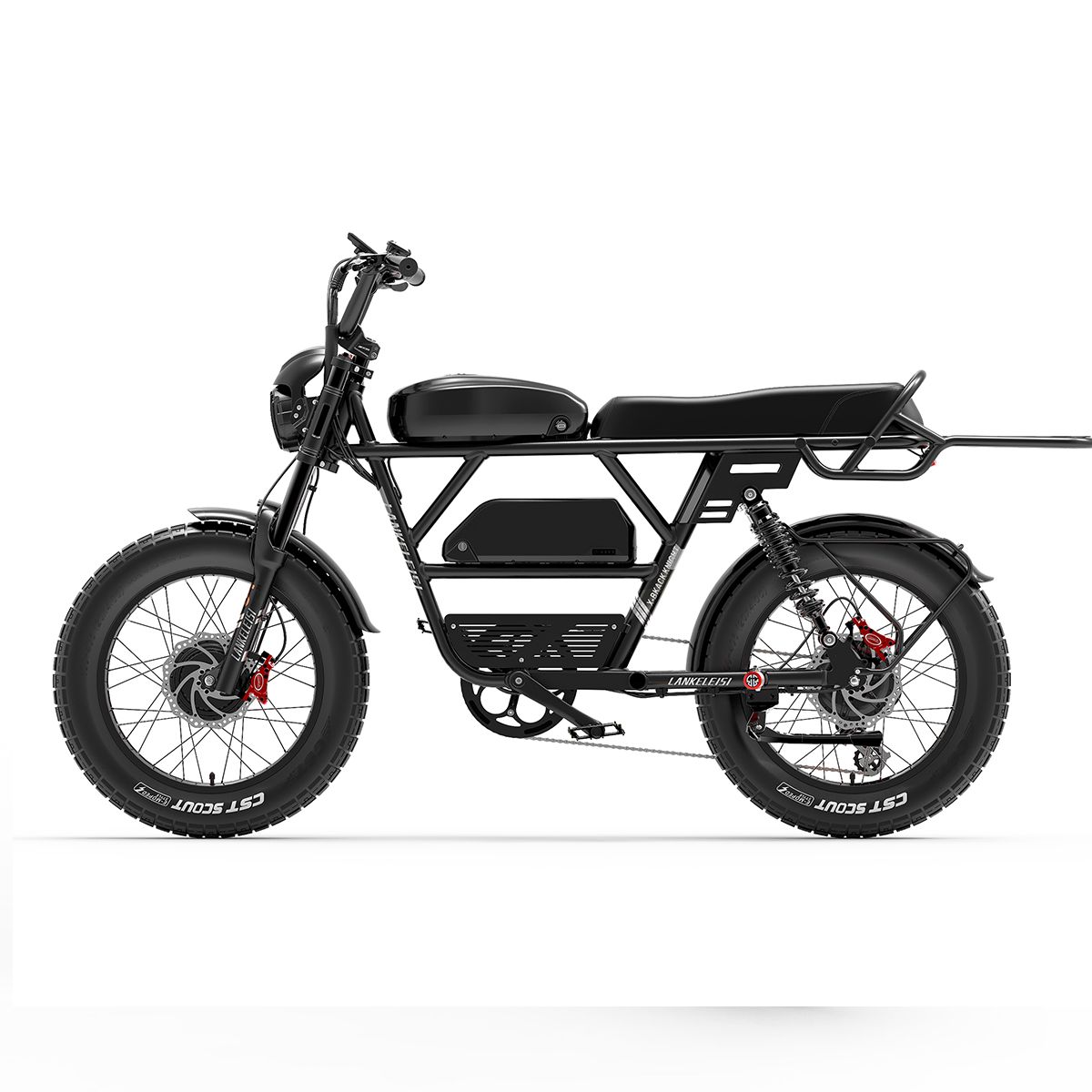 Schwarzes Elektrofahrrad mit breiten Reifen, Gepäckträger und Batterie. Sichtbare Details: Scheibenbremsen, CST SCOUT-Reifen.