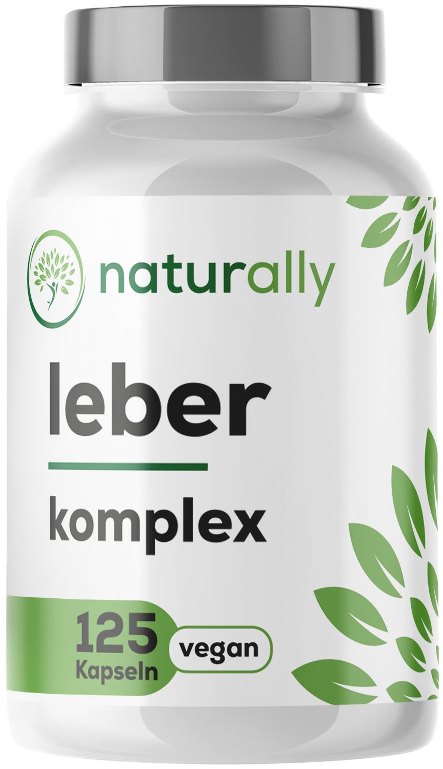 Weiße Flasche mit grünem Etikett. Text: naturally Leber Komplex, 125 Kapseln, vegan.