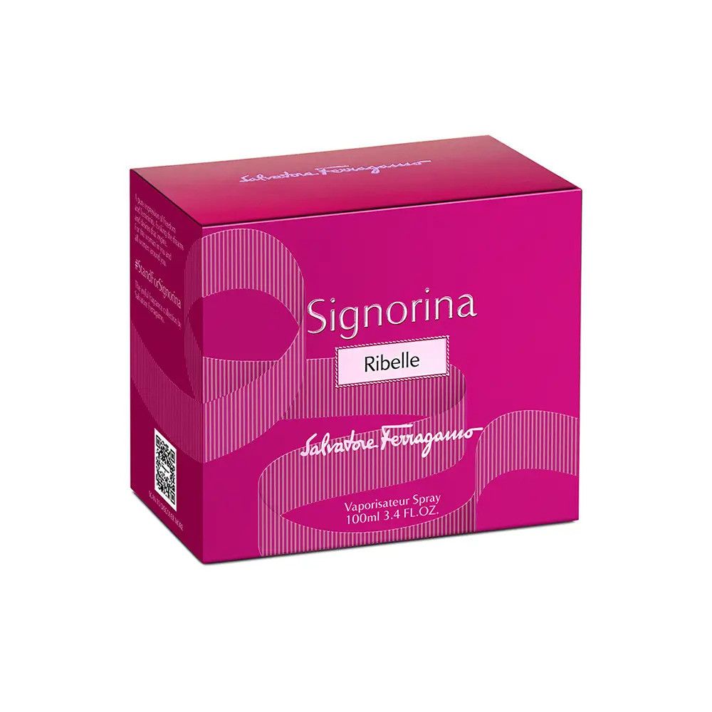 Rosa Verpackung mit Signorina Ribelle Schriftzug und Salvatore Ferragamo. QR-Code.