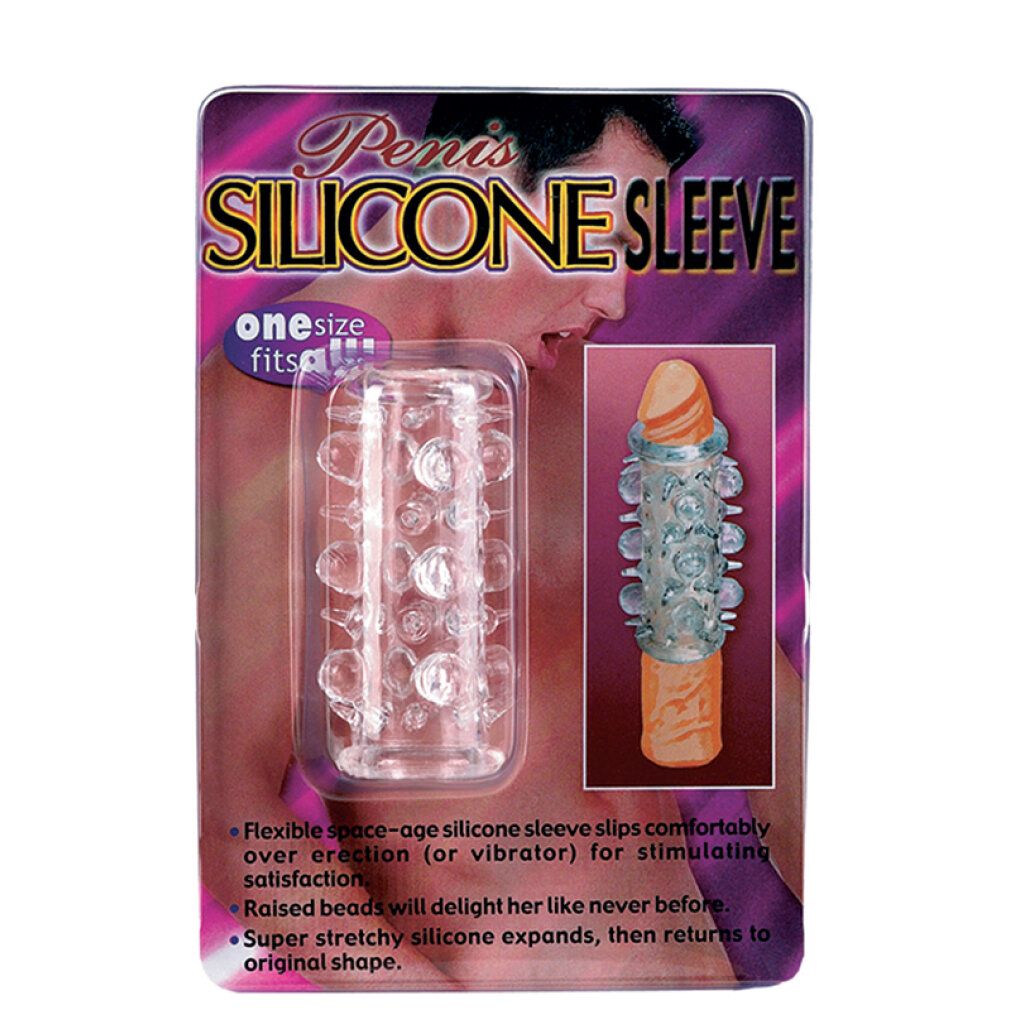 Transparentes Silikon Sleeve mit Noppen und Erhebungen. Zylindrische Form. Produkt ohne Verpackung.