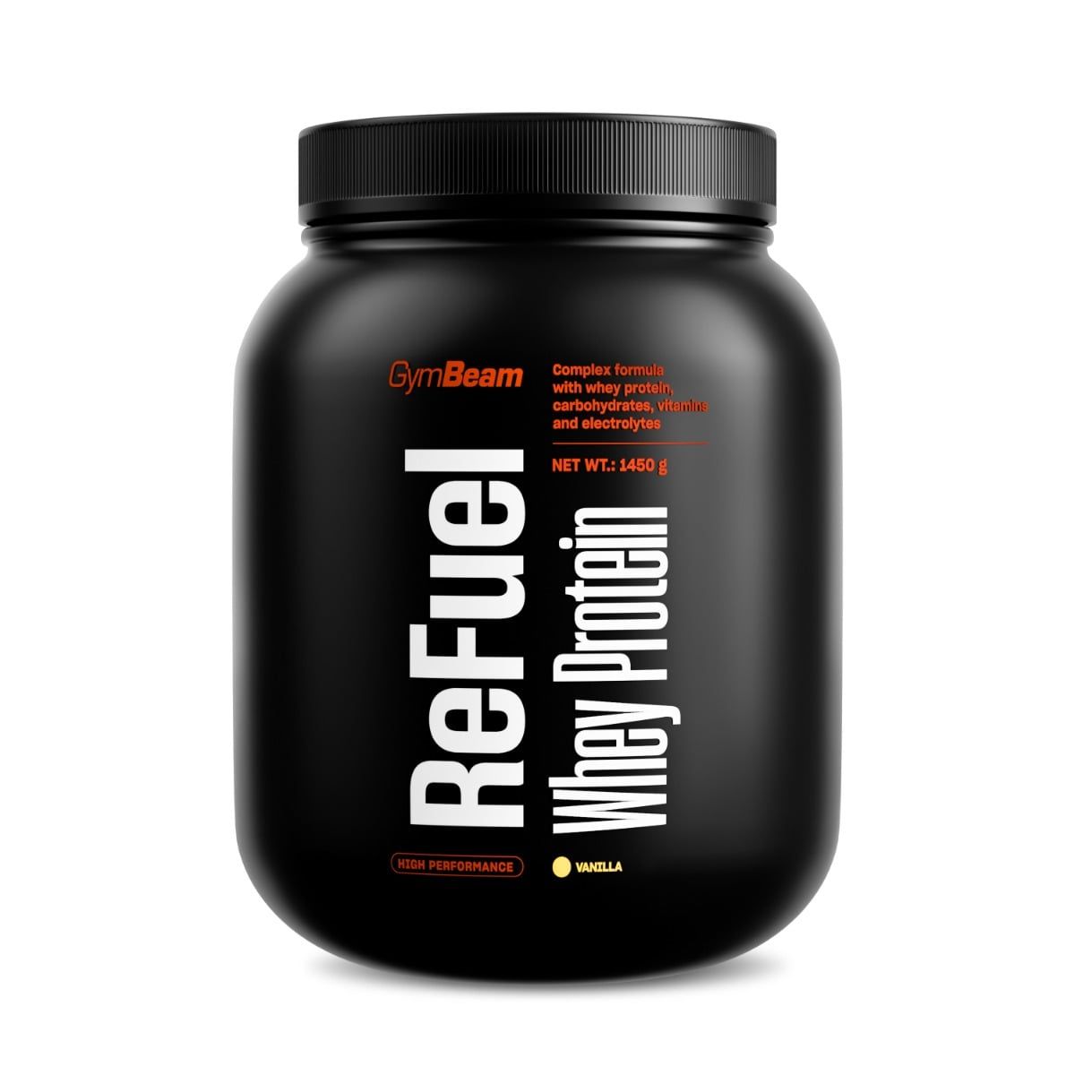 GymBeam ReFuel Whey Protein Pulver in schwarzem Behälter mit weißem Etikett.