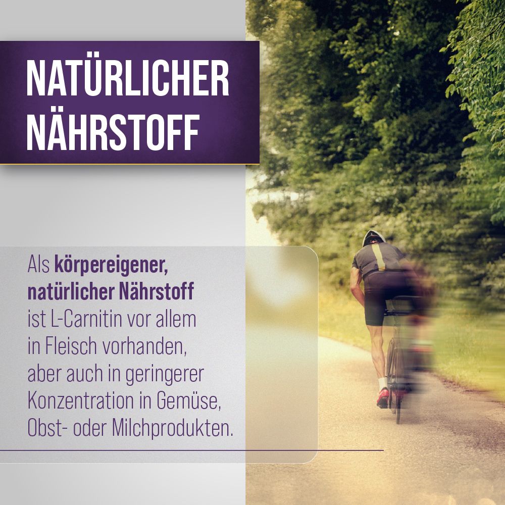 Grafik mit dem Text NATÜRLICHER NÄHRSTOFF. Radfahrer auf einer Straße. Text über L-Carnitin als natürlicher Nährstoff.