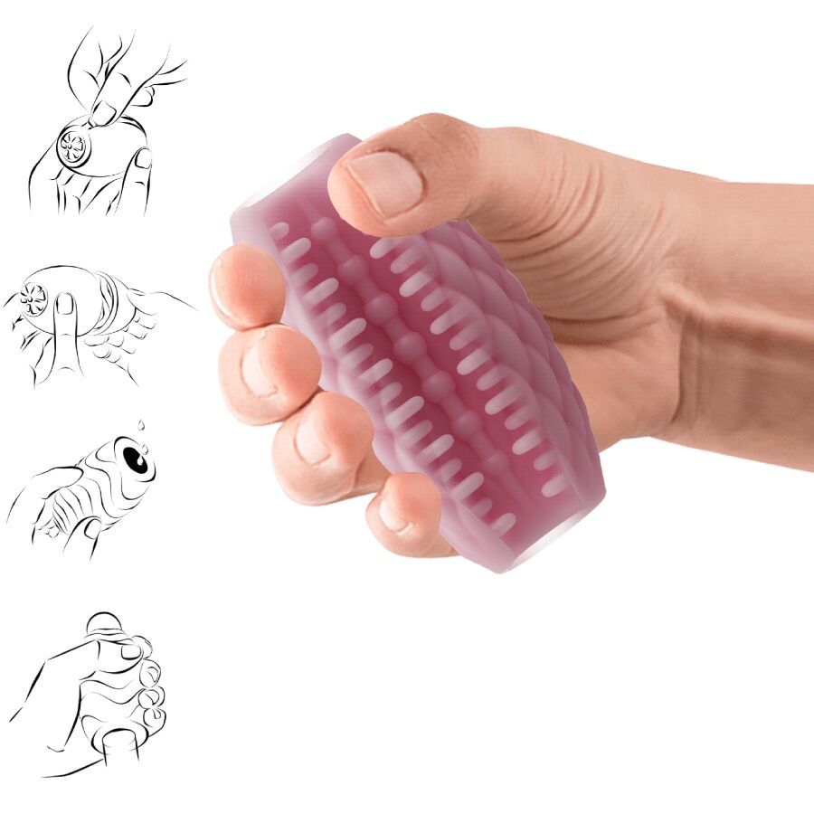 Produkt in Hand gehalten. Oval, rautenförmige Oberfläche. Illustrationen zeigen Anwendung.