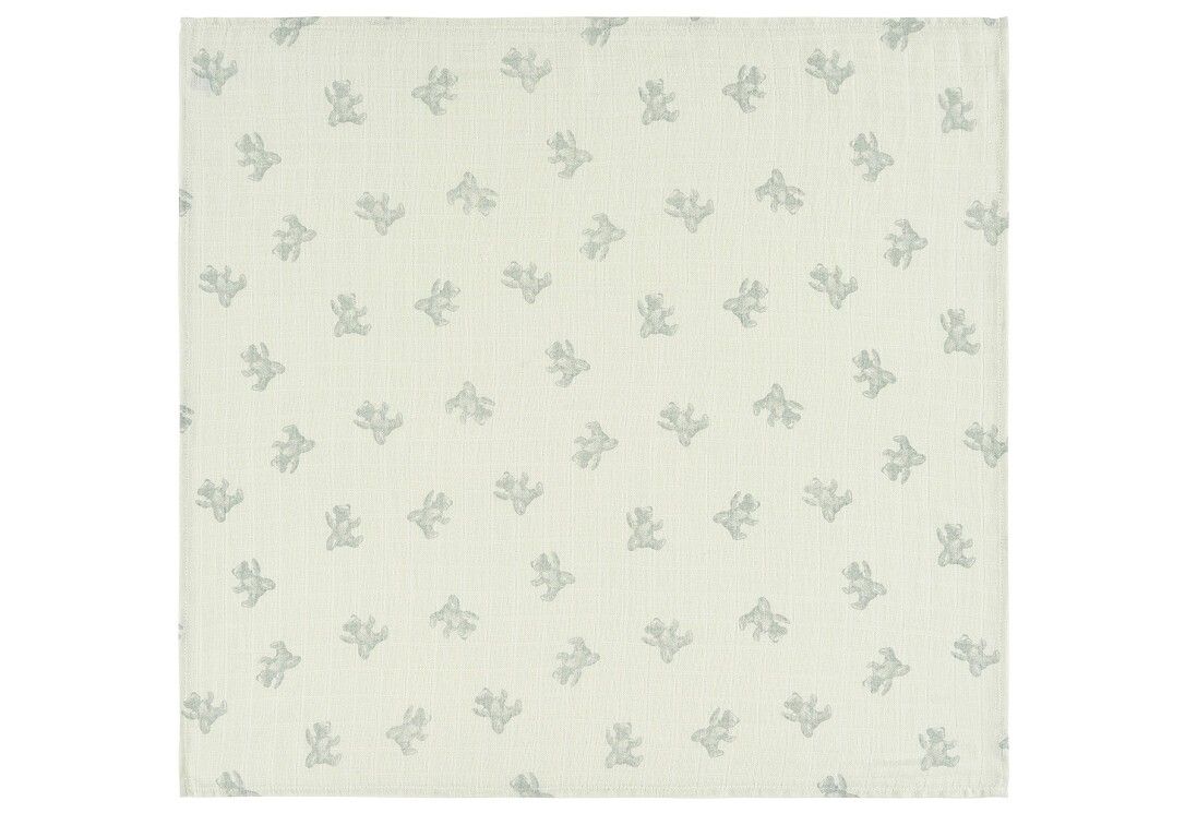 Quadratische Mullwindel mit Blümchenmuster in hellem Grün. Aus Baumwolle.