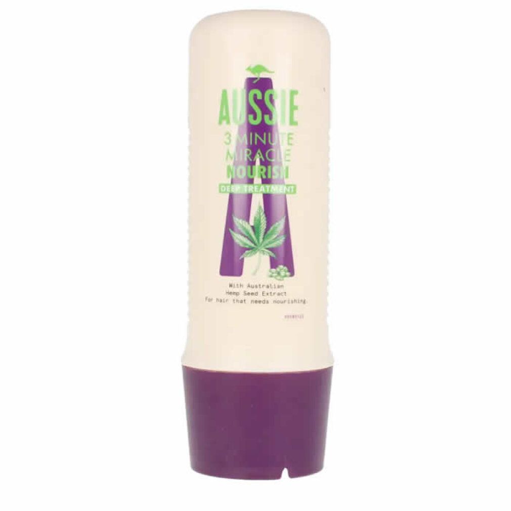 Beige Tube mit lila Boden. Aufschrift: Aussie 3 Minute Miracle Nourish Deep Treatment. Mit Hanfsamenextrakt.